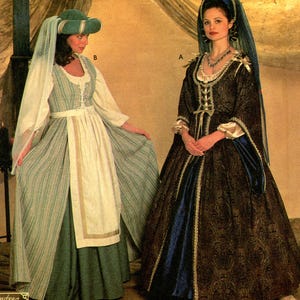 May include: Simplicity Costumes sewing pattern number 7756 for sizes N, 10, 12, and 14. The pattern includes two costumes: a medieval peasant dress with a striped bodice and a long skirt, and a medieval princess dress with a dark blue and gold bodice and a long skirt. The pattern is for women's sizes EUR 36-40 and FR 38-42.