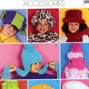 May include: A sewing pattern for eight different hats, including a leopard print hat, a red hat, a blue hat with ear flaps, a pink hat with ear flaps, a yellow hat with polka dots, a white hat, a blue hat with a pom-pom, and a green hat with a pom-pom. The pattern is called McCall's Fashion Accessories and the pattern number is 3404.