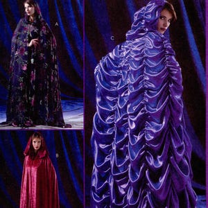 May include: McCall's Costumes pattern M4624. The image shows three costume designs: a hooded cape with a floral pattern, a red hooded cape, and a long, draped, purple costume. The pattern size is Y (Xsm-Sml-Med).