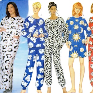 May include: A pattern for pajama sets with various designs. The sets include a penguin print, polar bear print, leopard print, sun and moon print, and a dalmatian print. The pattern is labeled "5214 Butterick Classics Fast & Easy".