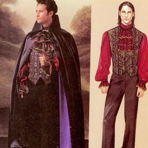 May include: McCall's Costumes pattern 4092 for a cape, vest, and shirt. The pattern envelope features a photograph and illustration of a long black cape with a purple lining, a patterned vest, a ruffled jabot, and long-sleeved shirt with cuffs.