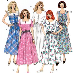 May include: Simplicity sewing pattern featuring five different dress designs. The dresses include various styles, such as a plaid dress, a polka dot dress, and floral print dresses. The pattern includes sizes 14, 16, and 18.