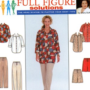 May include: Simplicity sewing pattern 8173 for full figure solutions. The pattern includes various tops, pants, and shorts. The main image features a woman wearing a geometric print top and beige pants. The pattern is size GG, 26W-32W.