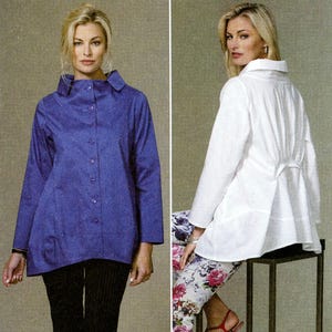 May include: A sewing pattern by Butterick, B6459, featuring a woman wearing a blue button-down shirt and black pants. The pattern also shows a white shirt with a gathered back, worn with floral pants. The pattern number is B6459.