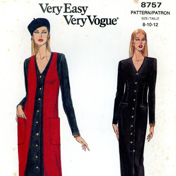 Vogue 8757 Easy Button Front Column Dress and Duster Vest Size 8 10 12 Uncut Vintage Sewing Pattern 1993
