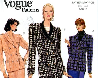 Vogue 7900Easy Jacket Skirt Double Breasted Below Hip Semi Fitted Size 14 16 18 Uncut Vintage Sewing Pattern 1990