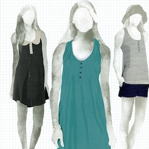 May include: Simplicity sewing pattern number 2865 for a sleeveless dress, a collared dress, and a tank top with shorts. The pattern is for sizes P5 12, 14, 16, 18, and 20. The pattern is built by Wendy and features a modern fit, classic style.