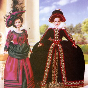 May include: Vogue Craft pattern 9917 featuring two dolls in historical costumes. One doll wears a red and black dress with a matching hat. The other doll is in a black dress with gold and red trim. Designed by Linda Carr.