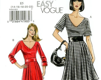 Vogue V8443 8443 Easy Dress Fitted Bodice Flared Skirt Size 14 16 18 20 22 Uncut Sewing Pattern 2007