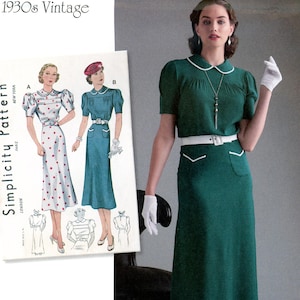 May include: A vintage Simplicity sewing pattern for a 1930s dress. The pattern features illustrations of two dress designs, one with a polka dot pattern and the other in teal. The image also shows a woman wearing a green dress with a white collar and belt.