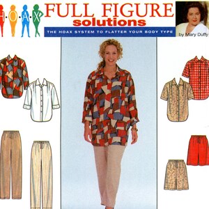 May include: Simplicity sewing pattern 8173 for full figure solutions. The pattern includes options for shirts, pants, and shorts. The main image shows a woman wearing a geometric print shirt and beige pants. The pattern is size FF 18W-24W.