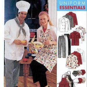 May include: McCall's sewing pattern for uniform essentials. The image shows a chef and a woman in a kitchen, along with illustrations of various uniform pieces, including shirts, pants, aprons, and chef hats. The pattern size is small (34, 36).