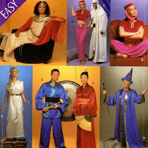 May include: Simplicity Costumes pattern featuring various costume designs. Includes a pharaoh, a genie, a sheik, a Roman goddess, a wizard, and Asian-inspired outfits. The pattern is labeled "EASY" and includes sizes A, S, M, and L.