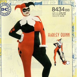 May include: A Harley Quinn costume pattern featuring a model in a red and black jumpsuit with a matching headpiece. The pattern includes a drawing of Harley Quinn and the text "HARLEY QUINN". The pattern is from Simplicity.