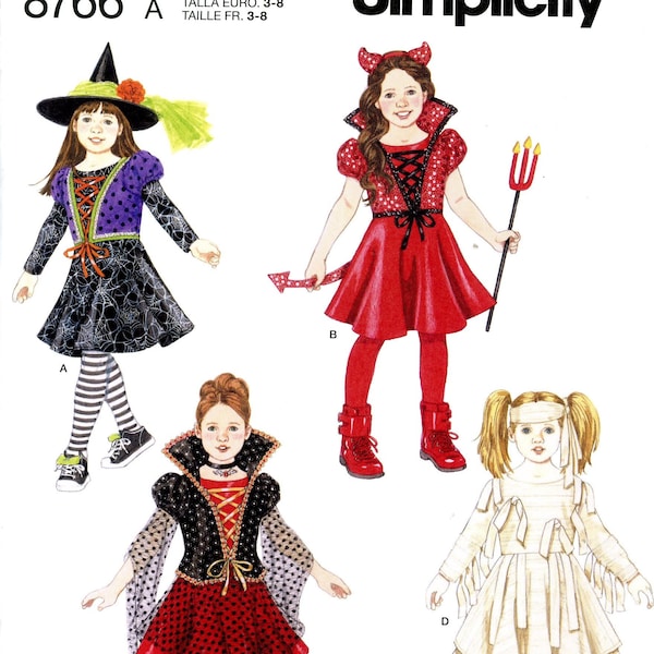 Simplicity 8766 Childs Costume Witch Queen Devil Mummy Dress Vest by Andrea Schewe Size 3 4 5 6 7 8 Uncut Sewing Pattern 2018