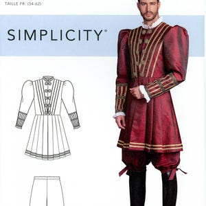 May include: Simplicity sewing pattern S9095 for a doublet and breeches. The doublet is deep red with gold trim, long sleeves, and a high collar. The matching breeches are knee-length with ties at the cuffs. Includes technical line drawings.