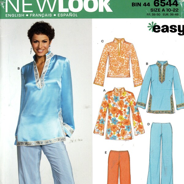 New Look 6544 Easy Tunic Top Boho Mandarin Collar Wide Leg Pants Leisure Evening Size 10 12 14 16 18 20 22 Uncut Sewing Pattern 2005