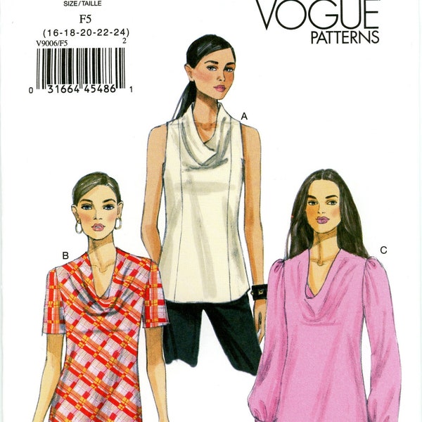 Vogue V9006 Easy Pullover Top Blouse Draped Neckline Sleeve Variations Size 16 18 20 22 24 Uncut Sewing Pattern 2014