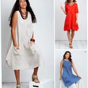 May include: Simplicity sewing pattern 8640 for a sleeveless dress with a round neckline and two large front patch pockets featuring button details. The pattern includes variations for a knee-length dress in beige, red, or blue, and a tunic-length version.