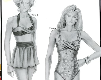 Stretch & Sew 1382 Twist Top Swimsuits Bathing Suits Two Piece Skirted Bottom Halter Top Bust Sizes 30- 46 Uncut Vintage Sewing Pattern 1993