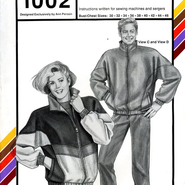 Stretch & Sew Mens Womens Unisex Jackets Zip Front Color Blocked Chest Size 30 32 34 36 38 40 42 44 46 Uncut Vintage Sewing Pattern 1991