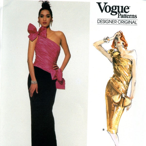 Vogue 1635 Designer Robe Une Épaule Drapé Corsage Bellville Sassoon Taille 12 modèle de couture vintage non coupé 1985