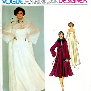 May include: Vogue American Designer sewing pattern #1315 by Bill Blass for a long evening gown with a feather trim and a shorter dress with a collar.