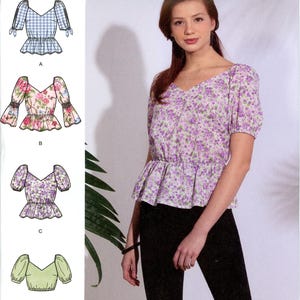 May include: Simplicity sewing pattern S8918 D5 for a V-neck peplum top with puff sleeves. The envelope displays four variations including gingham, floral, and solid prints, with sizing for U.S. 4-12, Euro 30-38, and French 32-40.