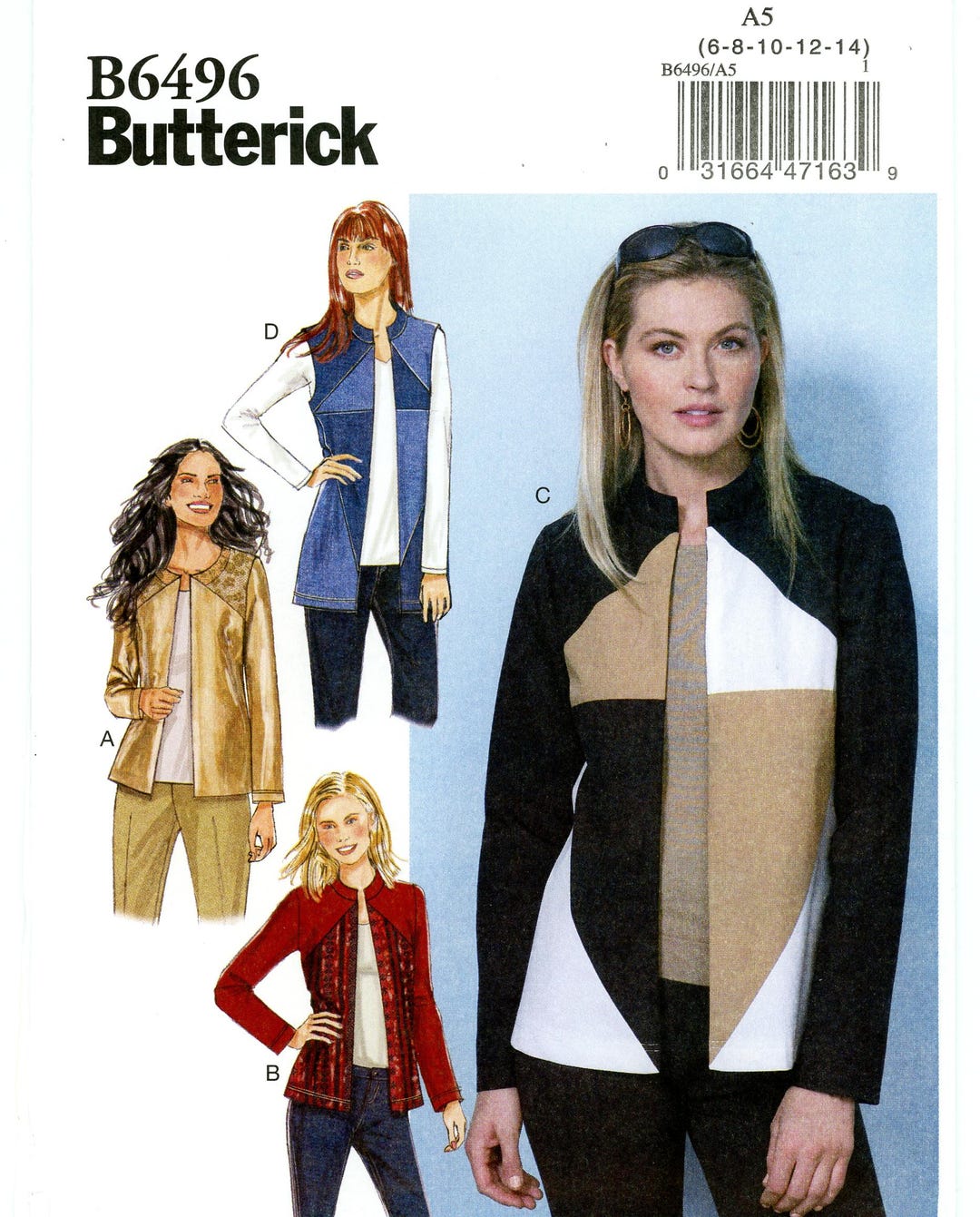 Butterick B6496 Easy Jacket Vest Color Blocking Size 6 8 10 12 14 Uncut ...