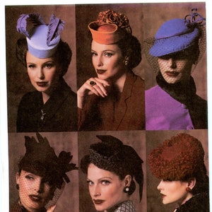 May include: Vogue Accessories pattern 7657 featuring six vintage hat designs. The hats are in various styles and colors, including a blue hat with a veil, an orange hat with a floral design, and a red fur hat.