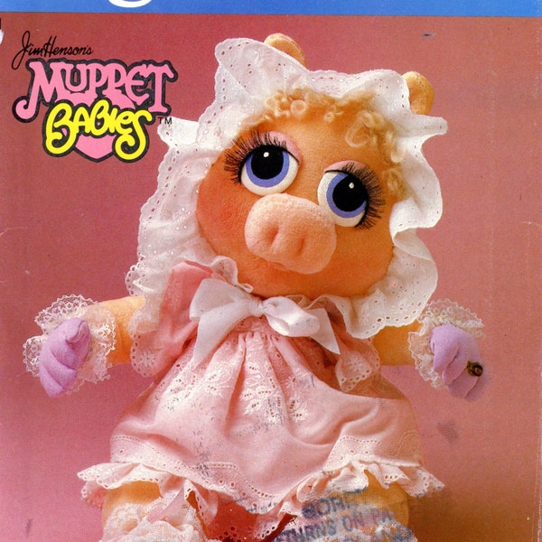 Vogue 8967 Muppet Babies Baby Piggy Clothes Soft Sculpture Plush Jim Henson Uncut Vintage Sewing Pattern 1980s