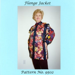 May include: A sewing pattern for a Flange Jacket, featuring a woman wearing a colorful floral print jacket. The pattern number is 9502 and includes all sizes. The text "Carol Lane-Saber Designs" is at the top of the image.