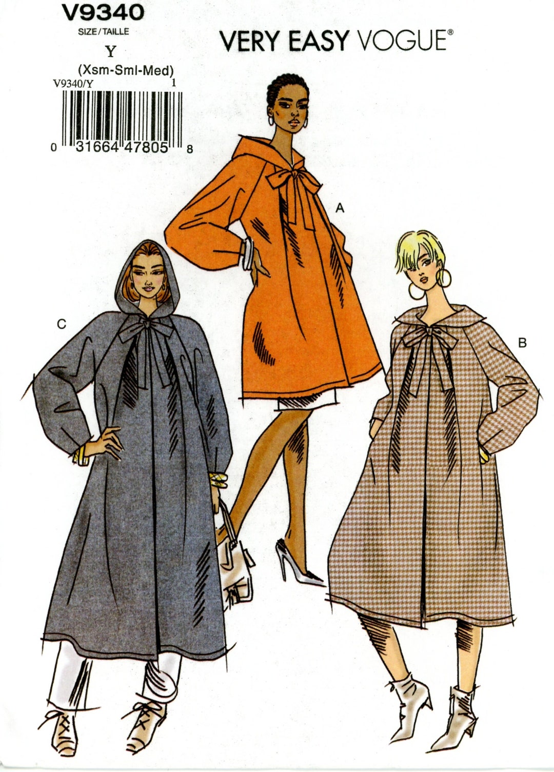 Vogue V9340 9340 Easy Coat With Hood Snap Closure Length Variations Size Xsmmed 4 6 8 10 12 14