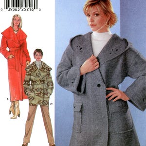 May include: Simplicity sewing pattern 9881 featuring a hooded coat with pockets. The pattern includes sizes L and XL. The cover shows a woman wearing a gray coat with a hood and a woman wearing a red coat. The pattern also includes instructions for decorative cut-out techniques.