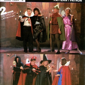 May include: Simplicity Costumes pattern featuring various Halloween costume designs. The image showcases a vampire, witch, devil, and other characters. The pattern includes a 2-hour express collection and is size A (SM-LG).