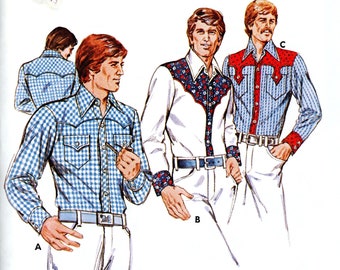 Kwik Sew 918 Mens Western Rodeo Cowboy Shirt Decorative Yoke Size 42 44 46 48 Uncut Vintage Sewing Pattern 1978