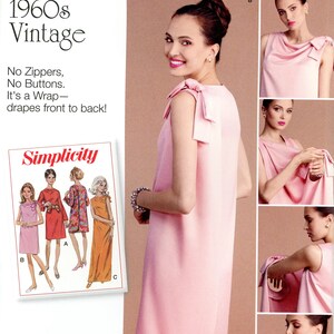 May include: Simplicity sewing pattern featuring a 1960s vintage wrap dress design. The pattern includes a pink dress with bow details, and the text "No Zippers, No Buttons". The pattern size is U.S. 8-16.