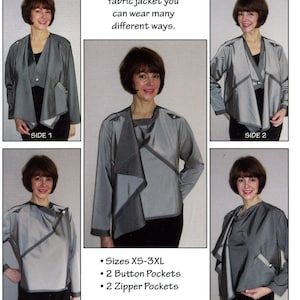 May include: A reversible jacket pattern with two models wearing the jacket in different ways. The pattern includes instructions for sizes XS-3XL, two button pockets, and two zipper pockets. The pattern is titled "Cheri's Reversible Jacket" and is from SAF-T-POCKETS® Patterns.