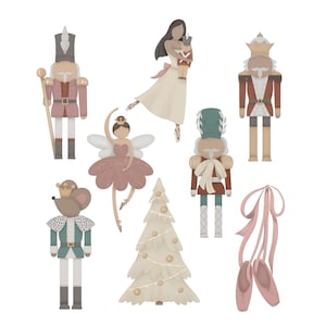 May include: A set of Christmas decorations featuring a nutcracker, a ballerina, a mouse, a Christmas tree, and a pair of pink ballet shoes. The nutcracker is wearing a red and gold uniform, the ballerina is wearing a pink tutu, the mouse is wearing a green uniform, and the Christmas tree is decorated with gold baubles.