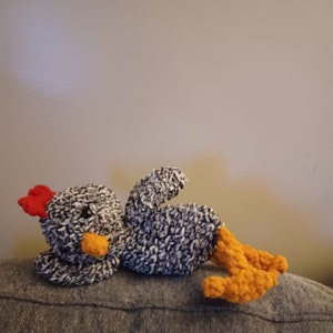 Chicken, farm animal, plushie, snuggler, handmade, crochet, black and white, handmade