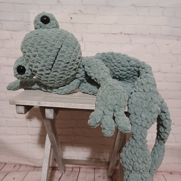 Large, frog lovey, stuffed frog, unstuffed, plushie, made with plush yarn, green, tall frog, whimsical gift