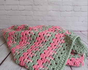 Baby blanket, pink, and sage green, granny square, for baby, adults, stroller blanket, lap blanket