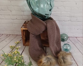Brown knit scarf, with, faux fur pompom, warm scarf