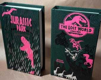 Jurassic Park Series by Michael Crichton - Jurassic Park & The Lost World - Handmade hardcover book rebind