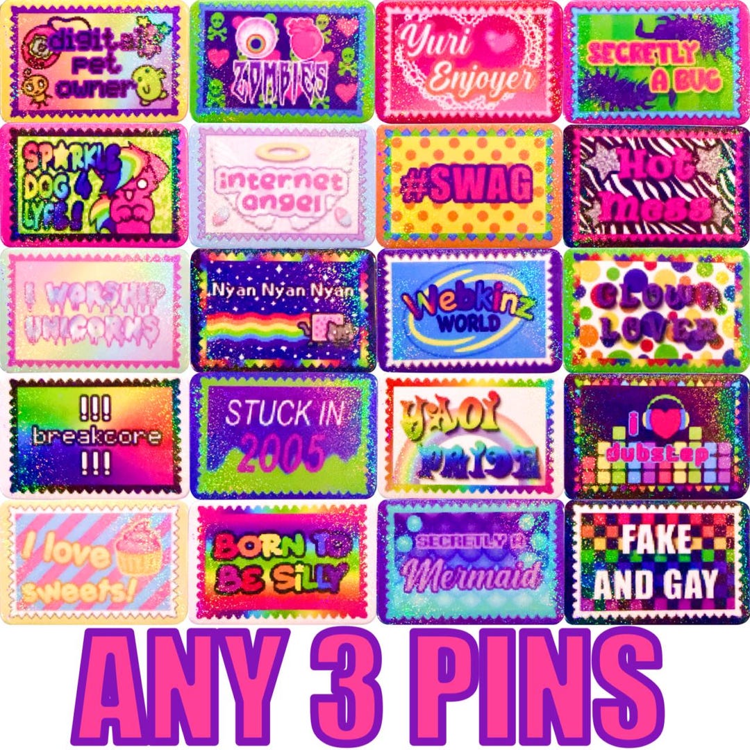 ANY THREE Web Stamp Glitter Pin Back Buttons - Etsy