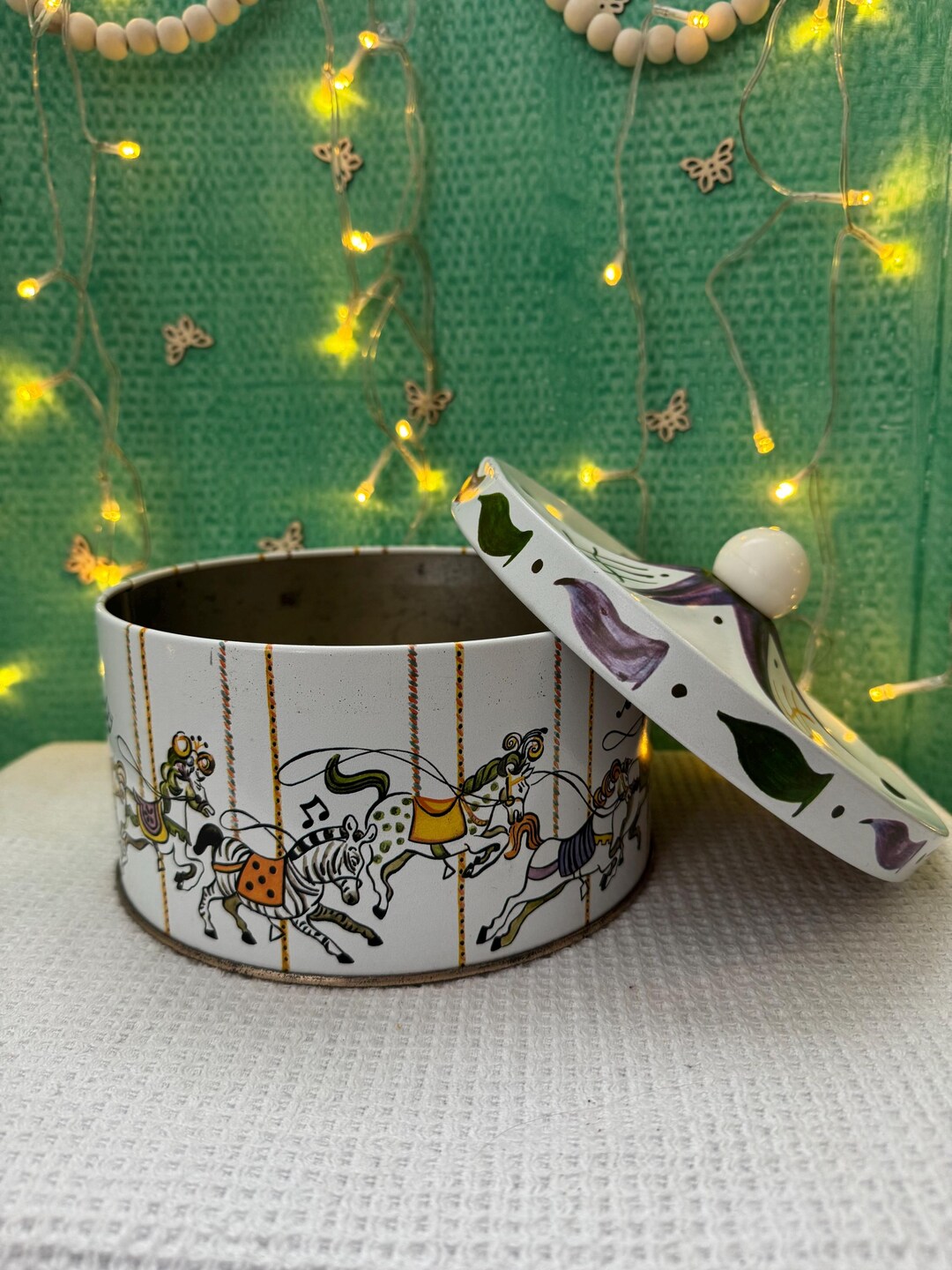 Vintage Carousel Tin With Lid – Round Metal Container With Whimsical ...