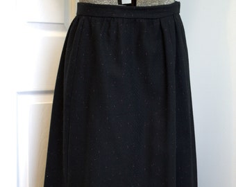 1950s black herringbone tweed wool A-line skirt L waist 32"