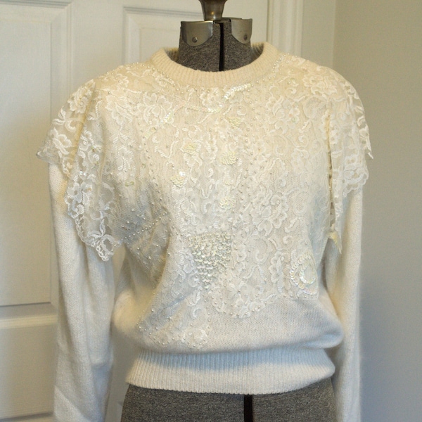 1980s or 1990s cream white silk and angora sweater with lace, sequins & pearls bib overlay S/M/L