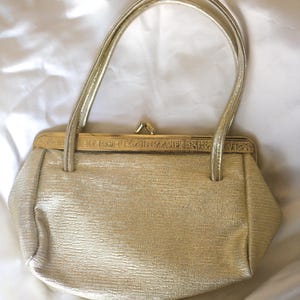 Bolso de noche de tela metalizada dorada de los años 50 / bolso de mano dorado / monedero MacLaren fabricado en Inglaterra