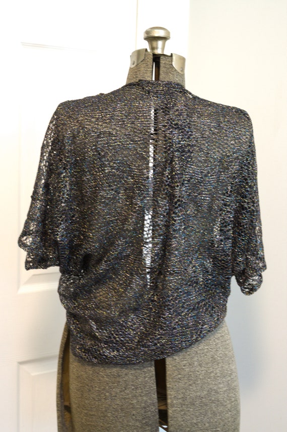 1970s black and iridescent metallic lace knit coc… - image 3